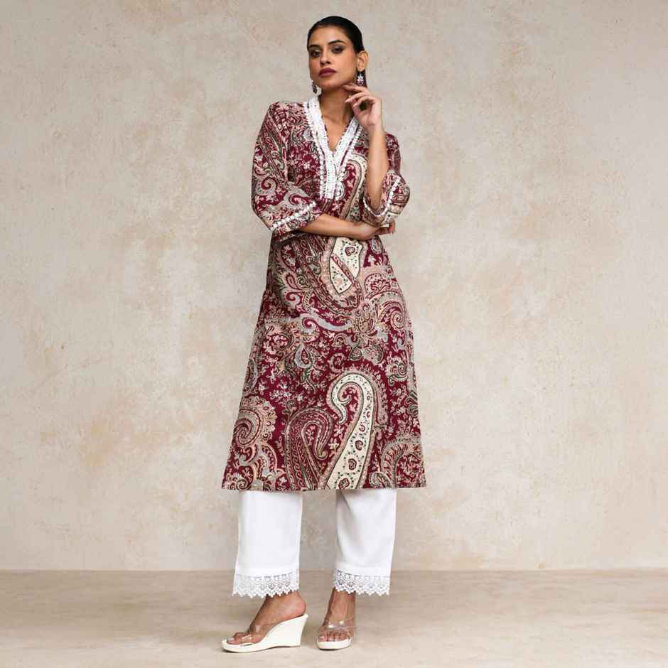 Varanga Women's Paisley Printed Three Quarter Sleeve Kurta | Maroon - 2XL
