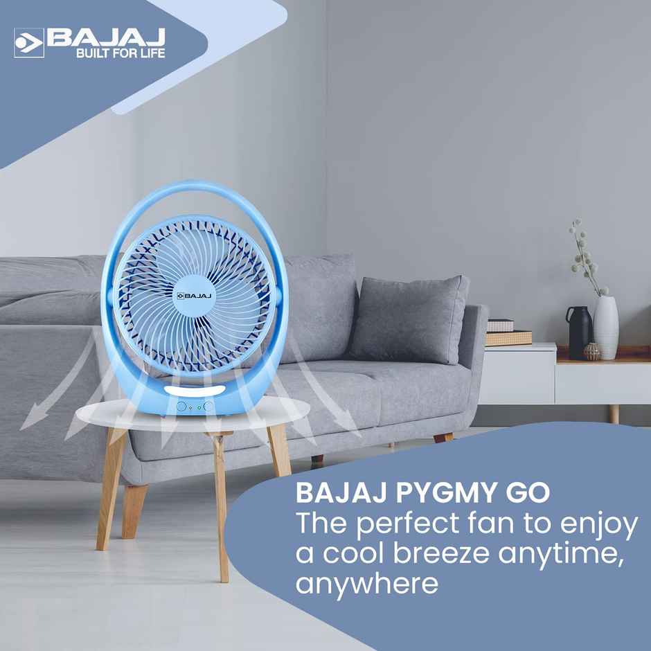 Bajaj Pygmy Go Mini Fan with LED Lighting, 178MM, Rechargeable, USB Charging, 4-hours Battery Backup, 3 Speed, 2-Light Brightness Setting - Blue