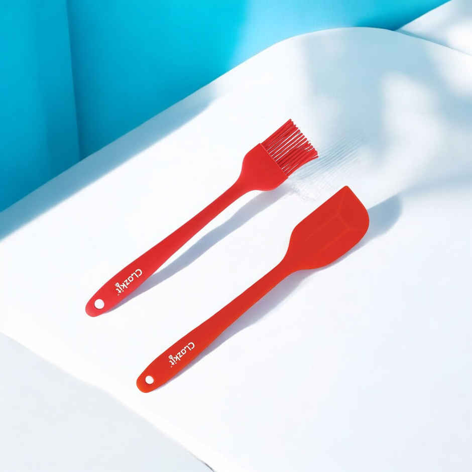 Clazkit Oil Brush for Cooking & Non-Stick Silicone Spatula (Set of 2) Baking & Mixing (RED)