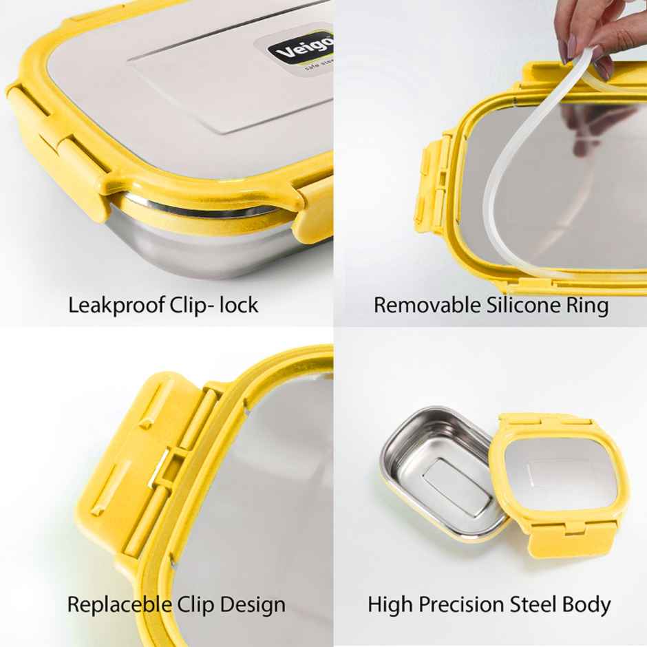 Veigo Jumbo W/veg Box- Stainless Steel Leakproof Lunch | 950+180 ml for School | Pack of 2 - Yellow
