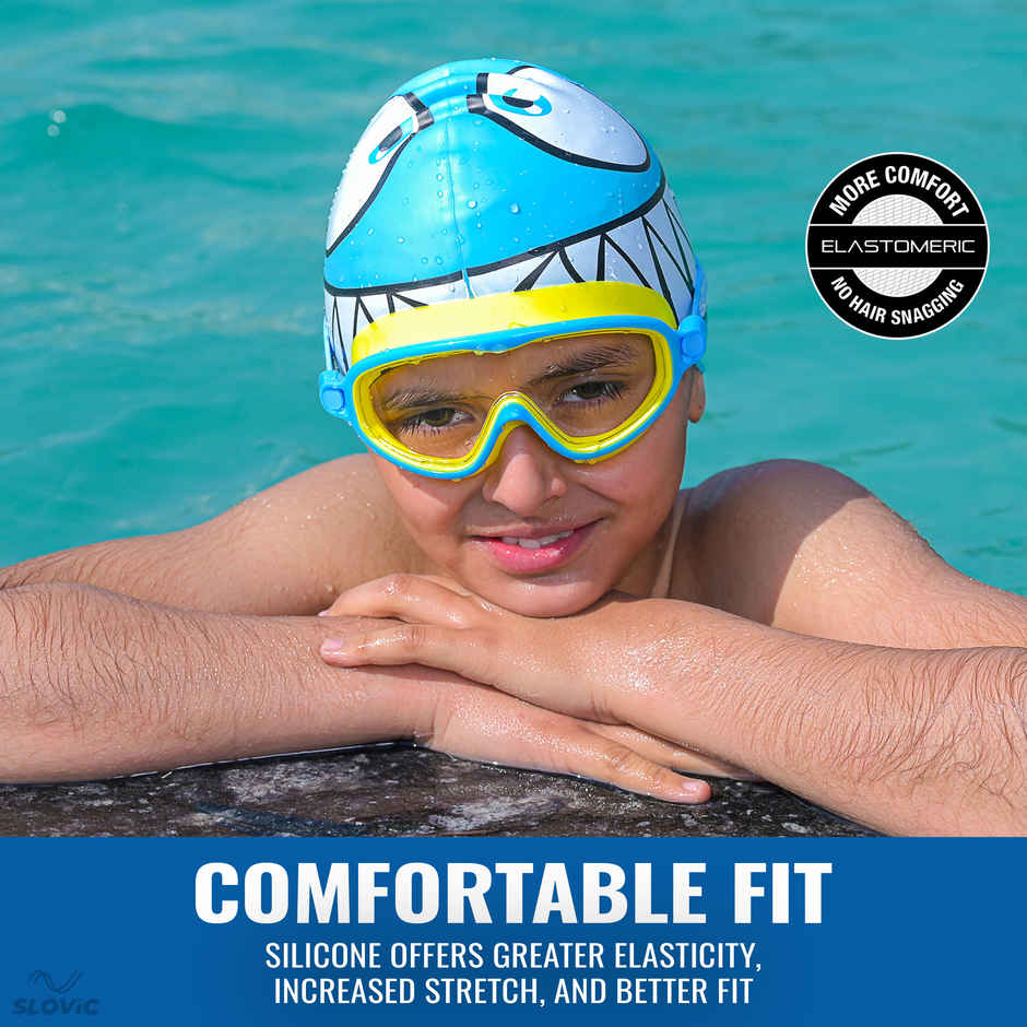 Slovic Kids Swimming Cap - Shark Design, Stretchable Soft Waterproof Swim Cap | Blue