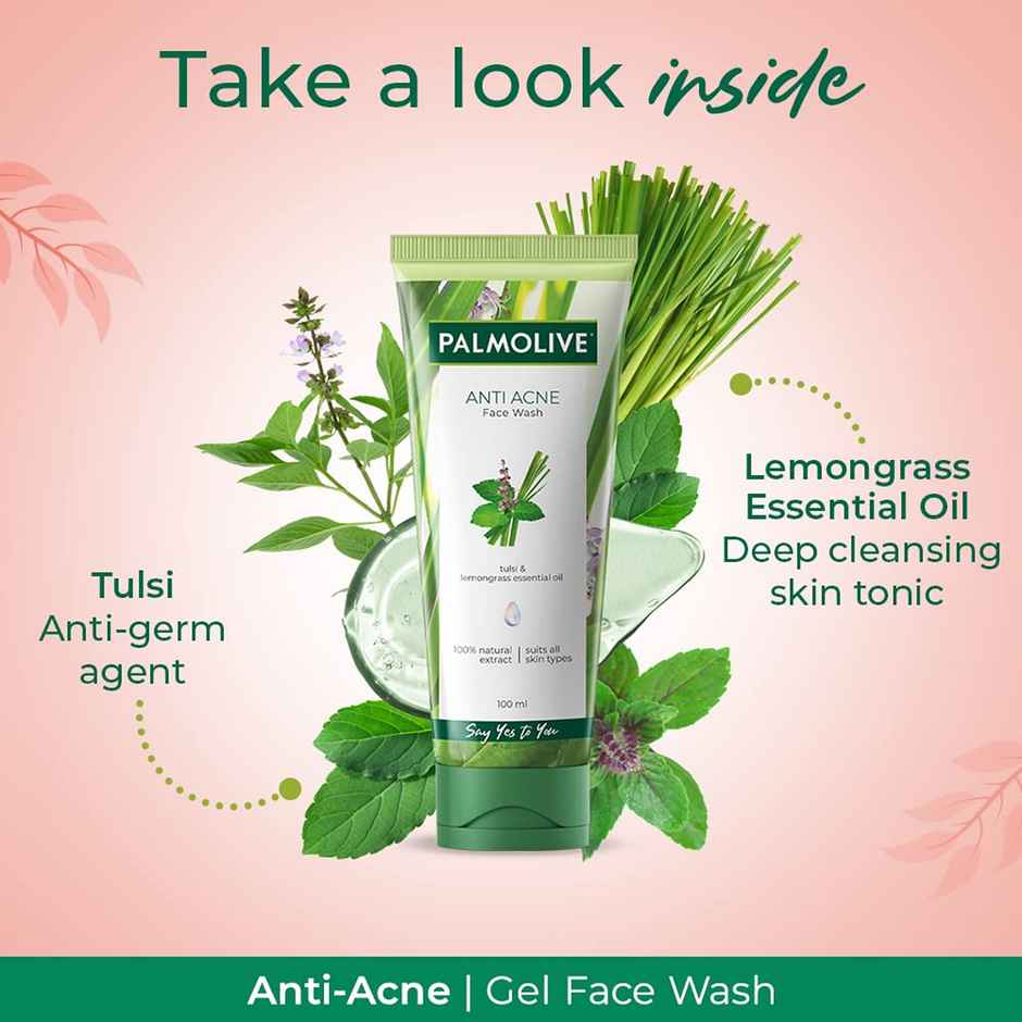 Palmolive Anti Acne Purifying Gel Facewash Made Up Of A 100% Natural Unique Blend Of Tulsi And Lemongrass Essential Oil Extract, Face Wash Suitable For All Skin Types
