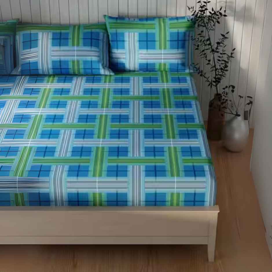 Kopa Extra Smooth Cotton Double Bedsheet With 2 Pillow Covers | Set of 3 | Lopez Checks - Blue