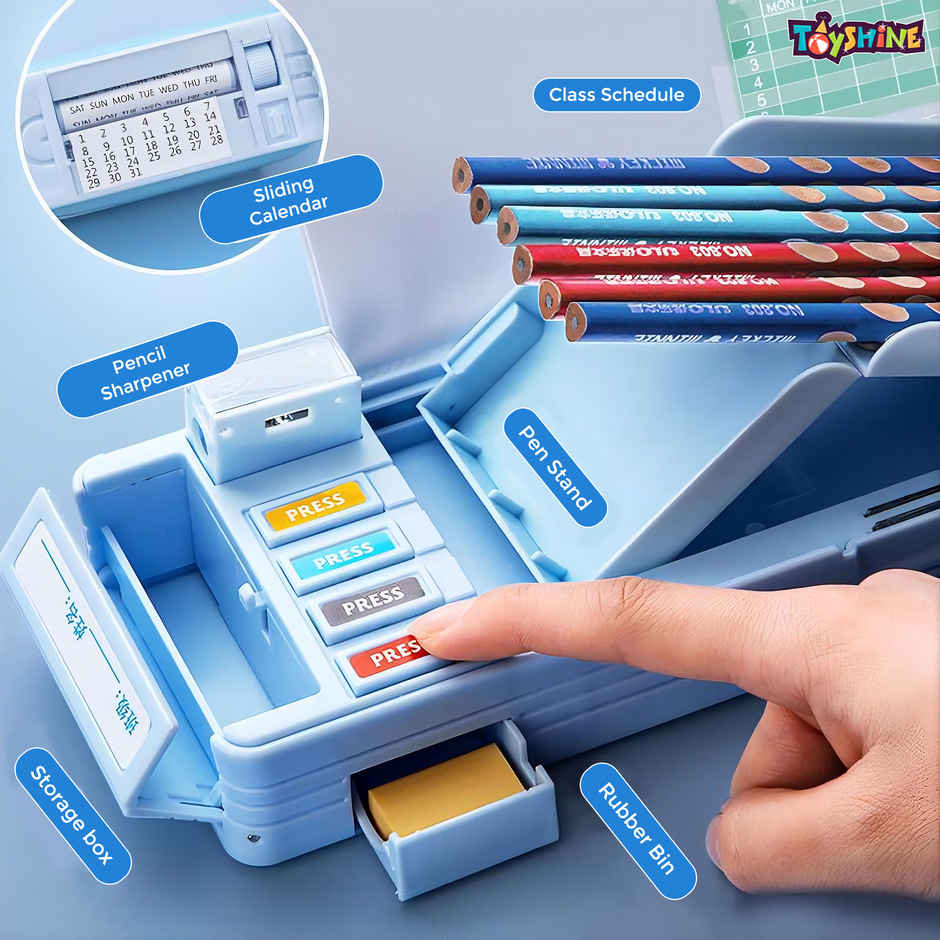 Toyshine Lovely Cat Button Operated Pencil Box with Sharpener & Pen Stand | Blue