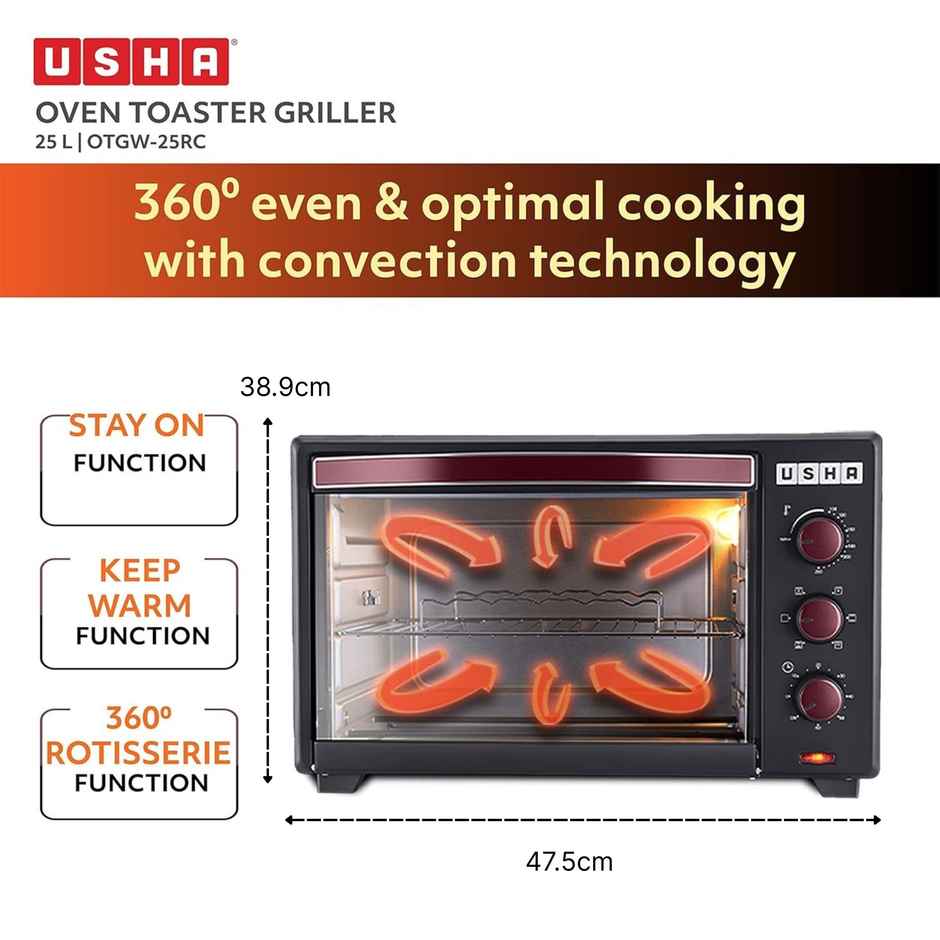 Usha Oven Toaster Griller 25L (1500W, Stay On Feature, 6 Modes, Dual Heating Element, Wine)