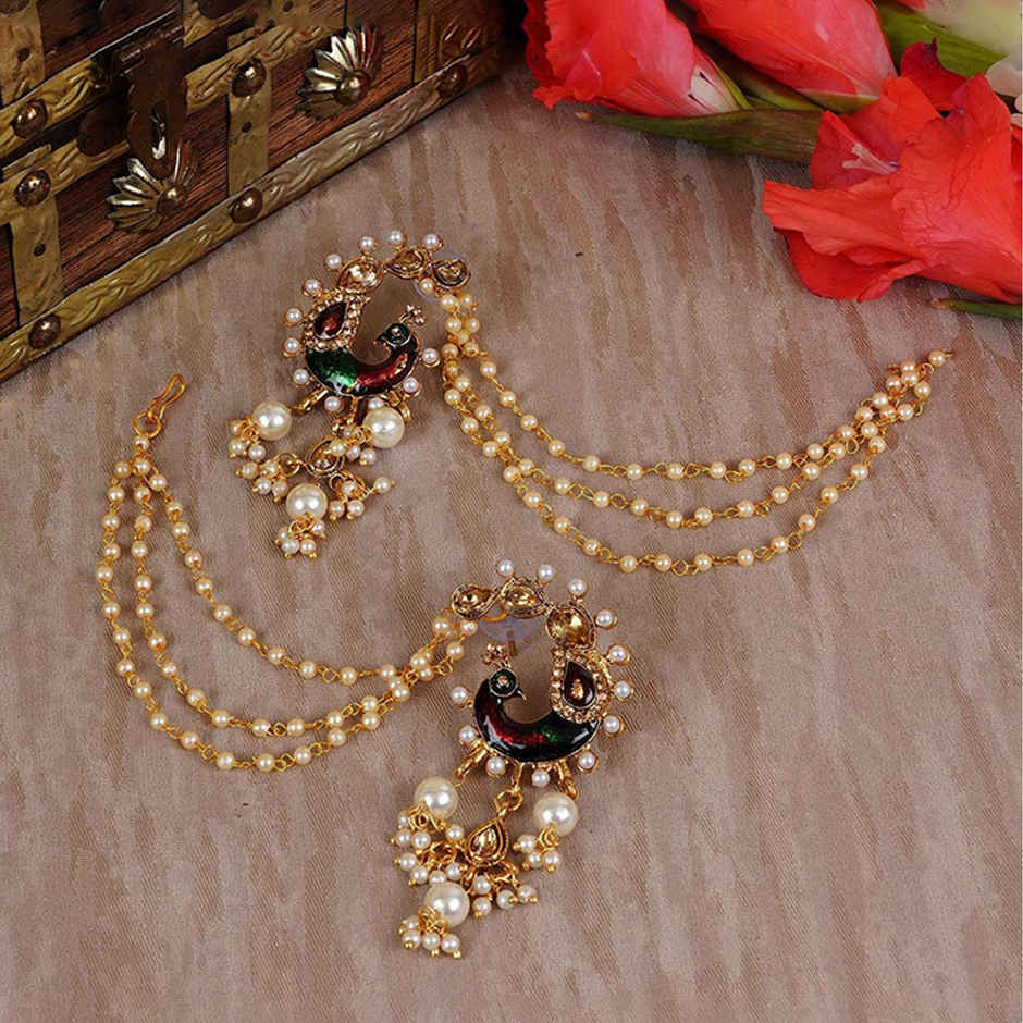 Shining Diva Fashion Bahubali Design Gold Plated Pearl Chain Jhumki Earrings for Women | 10366er