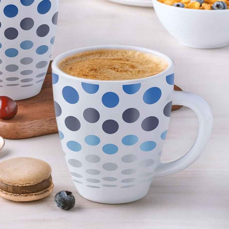Larah By Borosil Polka Blue Opalware Mug, Tea/Coffee Mugs, 390 Ml Each, Microwave & Dishwasher Safe