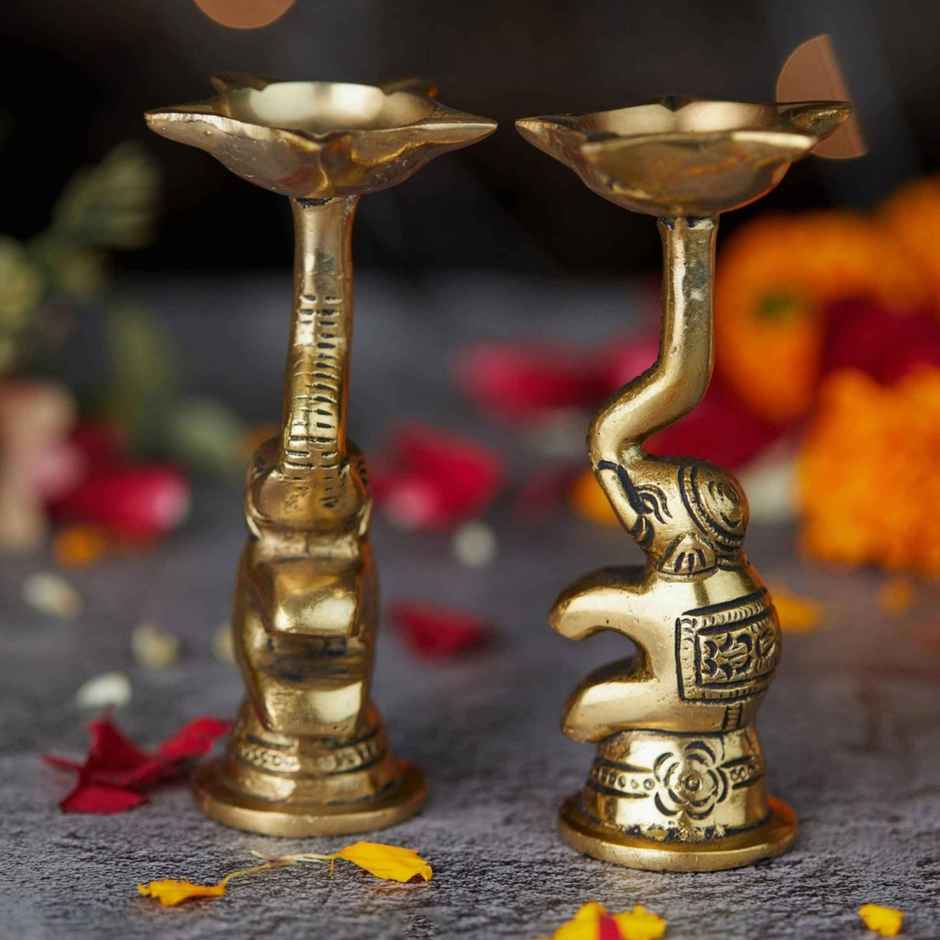 Golden Decorative Elephant Brass Diya With Stand | 4.5 in | Diya-Pooja | Servdharm
