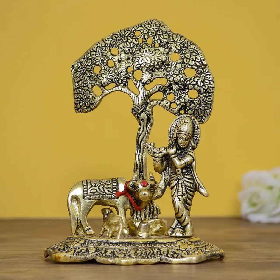 eCraftIndia Divine Golden Lord Krishna Idol Playing Flute Beneath a Tree with Cow and Calf