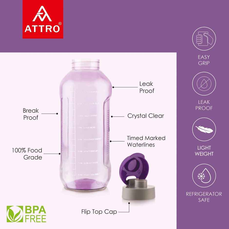 Attro Ultra Pro Motivational 2 L Water Bottle | BPA-free | Leak | Proof | Nylon Strap | Violet