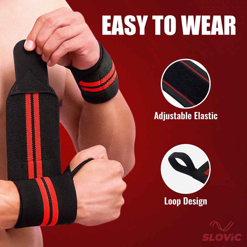 Slovic Wrist Strap for Weightlifting, Gym Grip Support & Strength Training | Red & Black