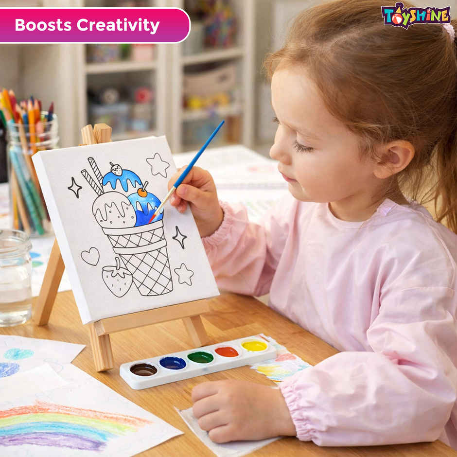 Toyshine Kids Canvas Painting Kit with Wooden Easel & Water Colors