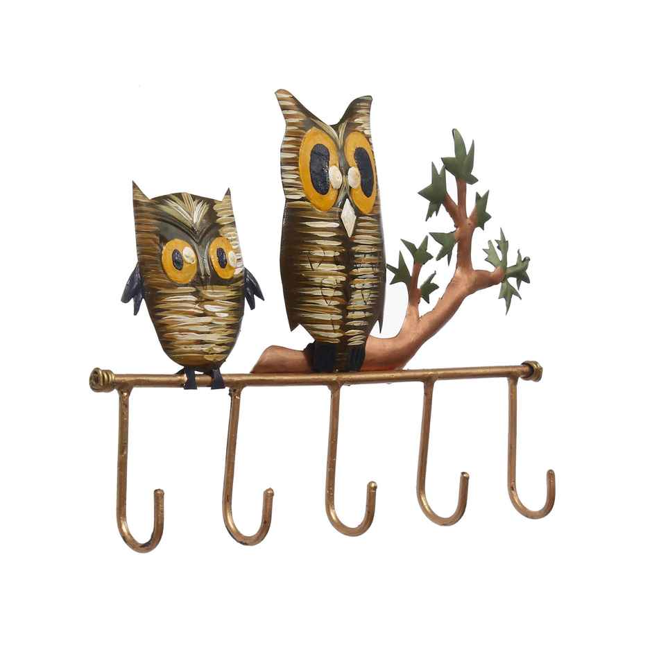 eCraftIndia Iron 2 Owl Birds Sitting On Tree Branch Decorative Key Holder With 5 Key Hooks For Wall