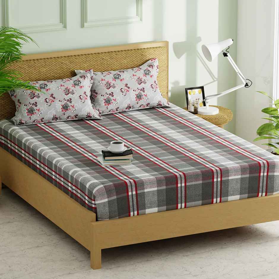 Kopa Extra Smooth Micro Double Bedsheet With 2 Pillow Covers | Set of 3 | Lorenzo Checks | Red Grey
