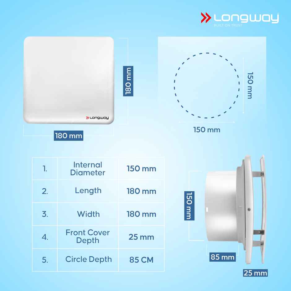 Longway FreshX 6 Inch 150 mm Energy Efficient Exhaust Fan | High Speed Powerful Motor | White