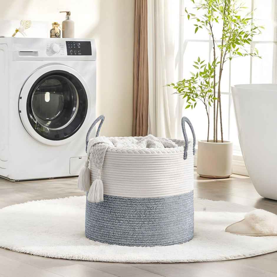 PrettyKrafts Jute Basket | Organizer for Toys, Laundry, Clothes & Planter Use - White Grey