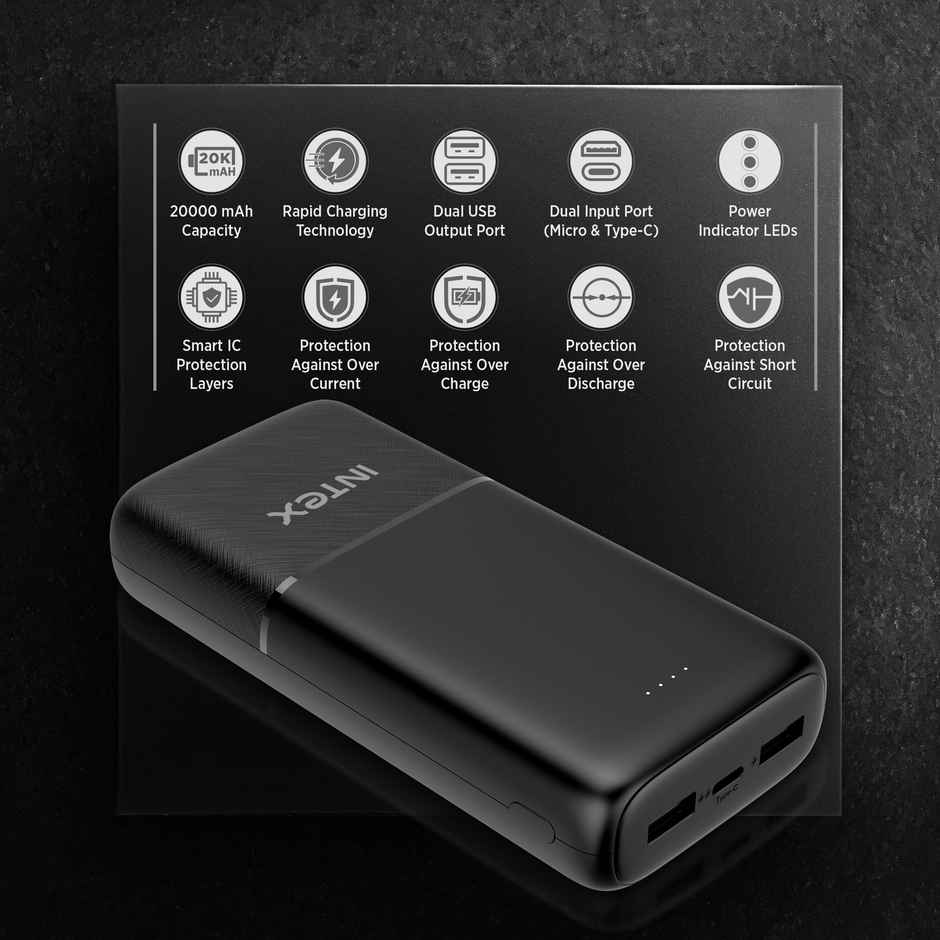 Intex 20000 mAh 12 W Power Bank (Smokey Black, Lithium Polymer)