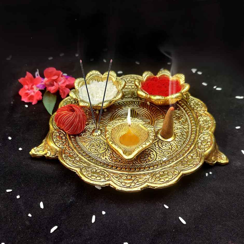 Pooja Thali Set 2+1 | Gold Polish | Medium Size | Devnidhi