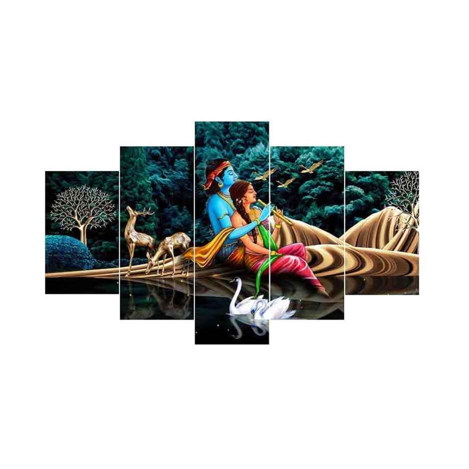Perpetual Radha Krishna Wall Painting | Set of 5 | Framed Vastu Decor | Living Room | 75x43 Cm