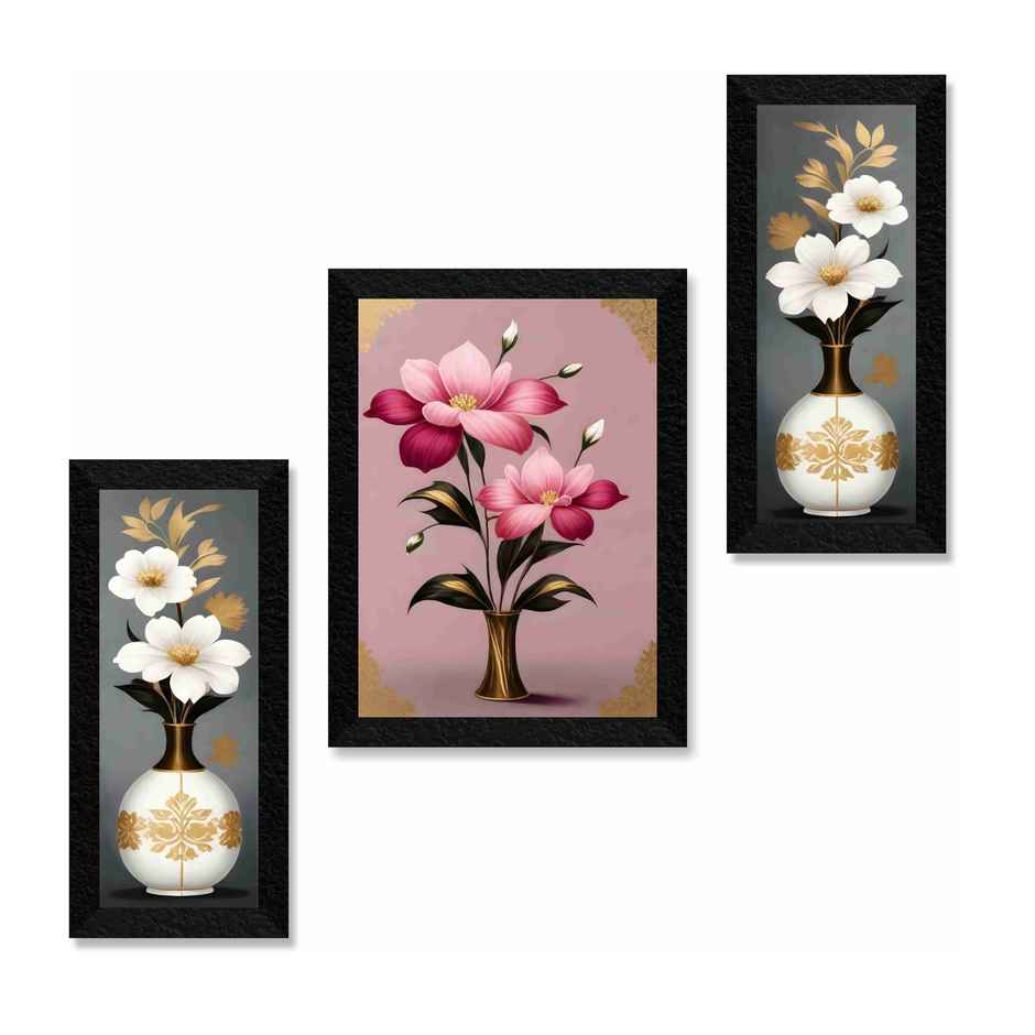 Saf Beautiful Flower Premium For Wall Decoration 14 Inch X 24 Inch Painting (With Frame, Pack Of 3)