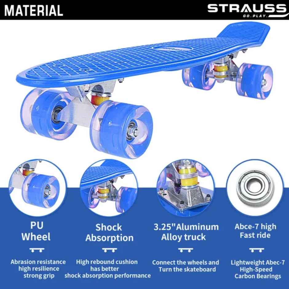 Strauss Cruiser Penny Board with LED Wheels, (Blue)