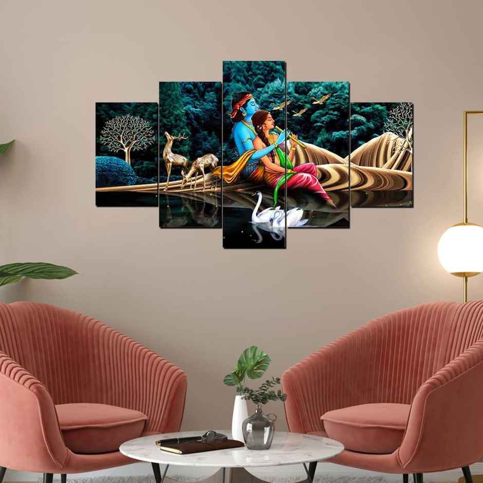 Perpetual Radha Krishna Wall Painting | Set of 5 | Framed Vastu Decor | Living Room | 75x43 Cm