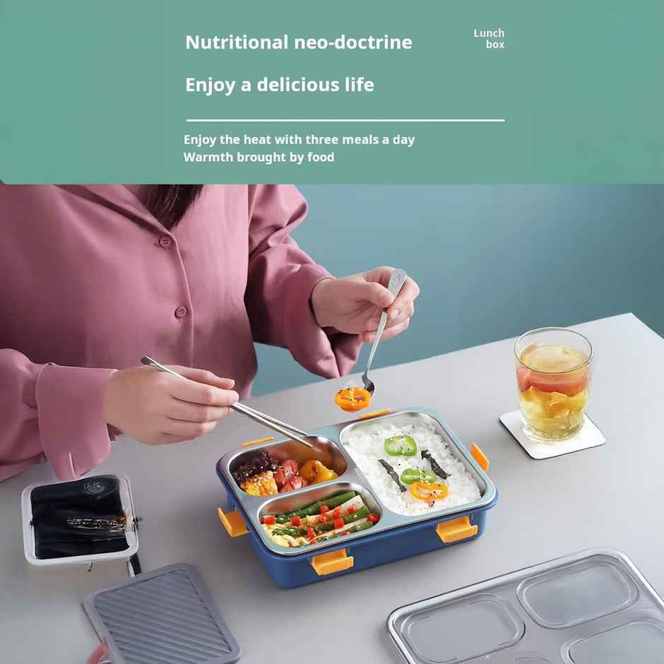 Clazkit 3 Compartment Stainless Steel Lunch BoxPack of 1 Blue,750ML