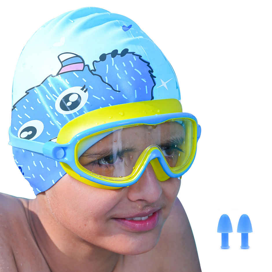 Slovic Kids Swim Goggles for Ages 6-14 with Ear Plugs with Anti-Fog & UV Protectection - Blue/Yellow