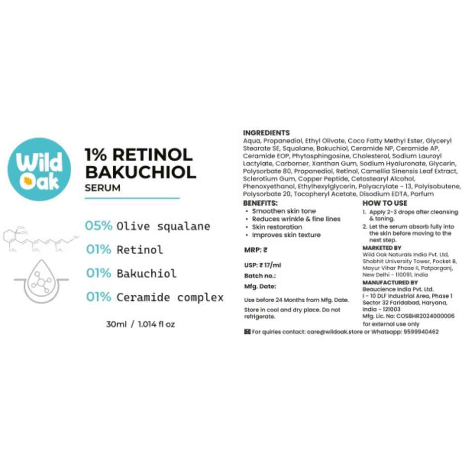 Wild Oak 1% Retinol Bakuchiol Face Serum | Ceramides for Anti-Aging, Wrinkles and Boosts Collagen