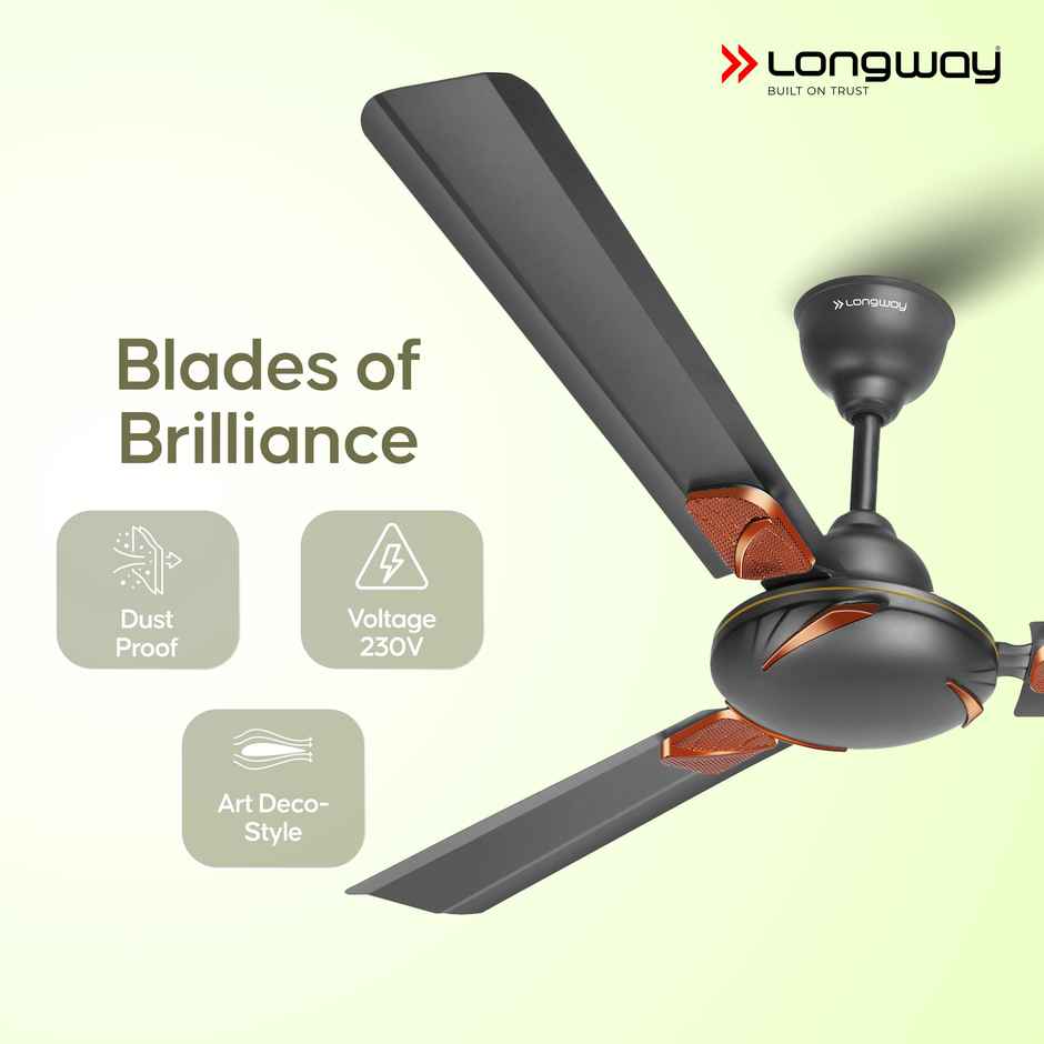 LONGWAY Creta P1 50W Ceiling Fan, 1200mm/48 inch, Ultra High Speed, Anti-Dust, Star Rated - Smoked Brown