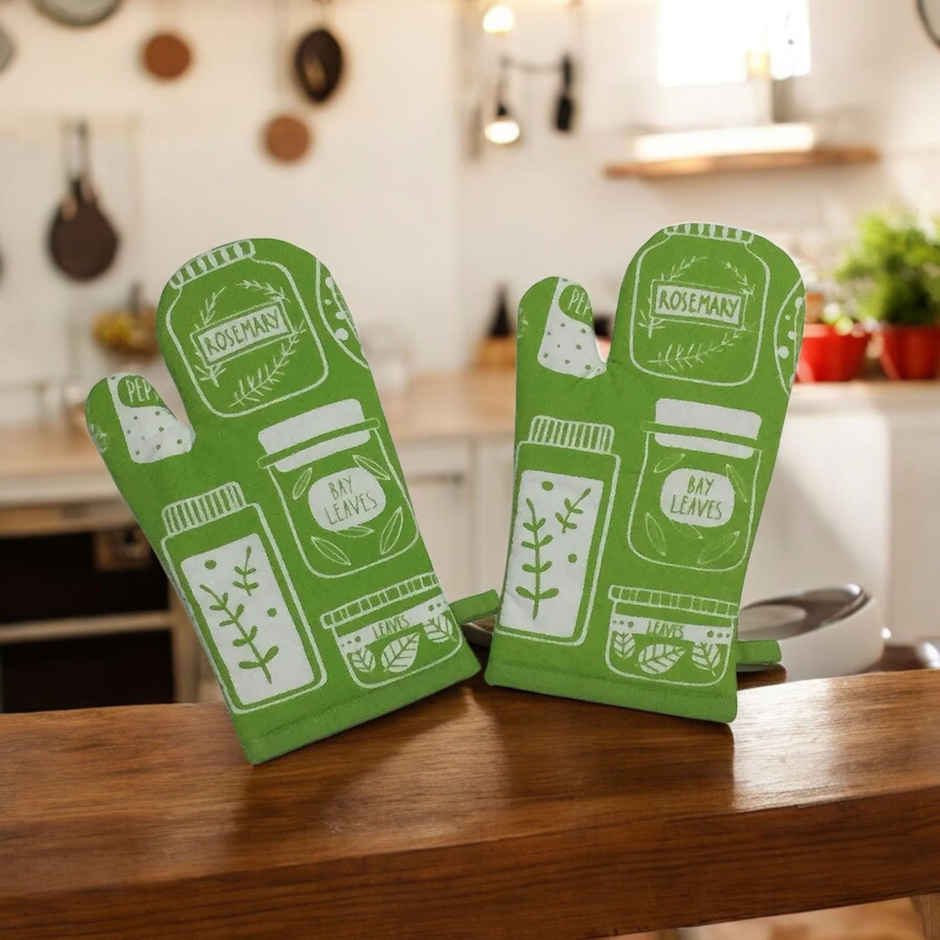 Lushomes Oven Gloves - Green Printed | Heat Proof