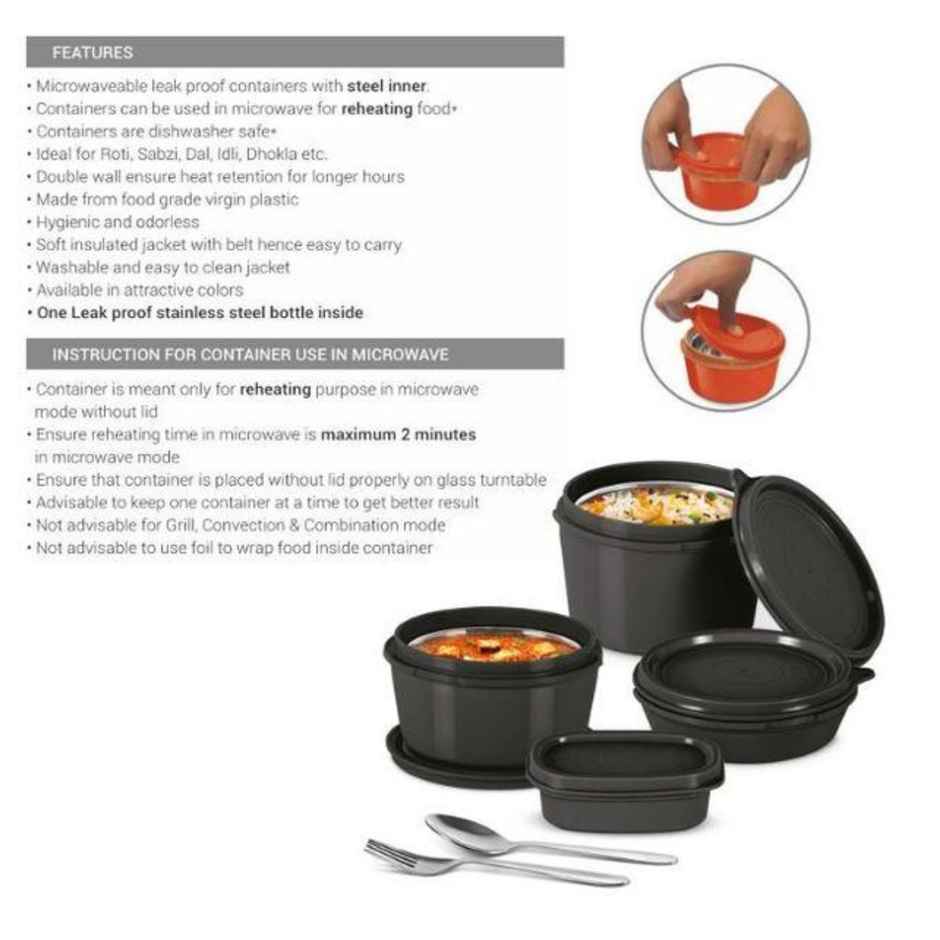 Milton Savor Lunch Tiffin (3 Microwave Safe Inner Steel Containers, 180/320/450 Ml;