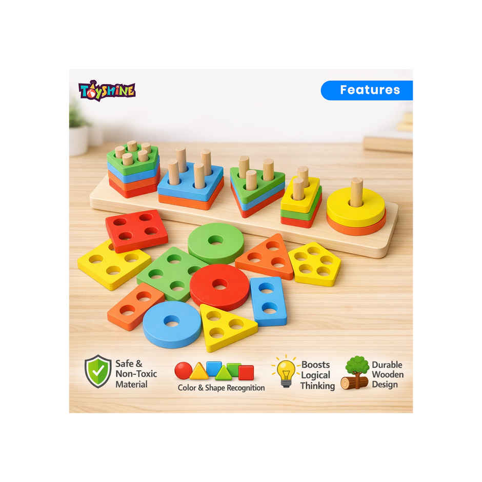 Toyshine Wooden Angle Geometric Blocks Stacker Shape Sorter Column Puzzle Stacking Set - 5 Column