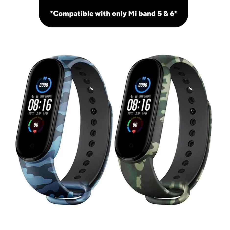 Sounce Pack of 2 Band Strap Compatible for Mi Band 5-Mi Band 6 | Camouflage Blue and Green