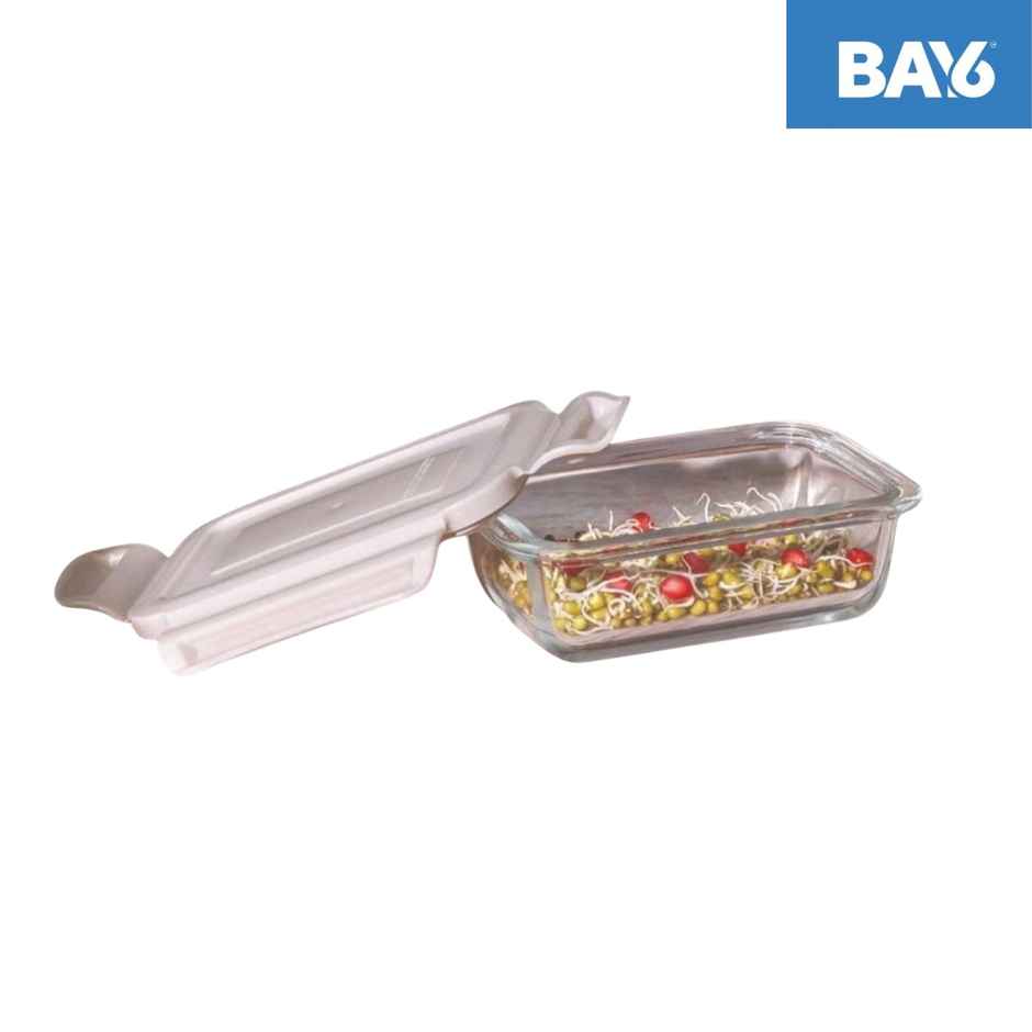 BAY6 Premium Imported Borosilicate Glass Container with Lid 180 ml - Rectangle - Beige