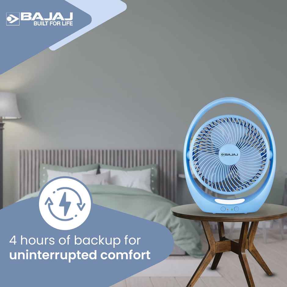 Bajaj Pygmy Go Mini Fan with LED Lighting, 178MM, Rechargeable, USB Charging, 4-hours Battery Backup, 3 Speed, 2-Light Brightness Setting - Blue