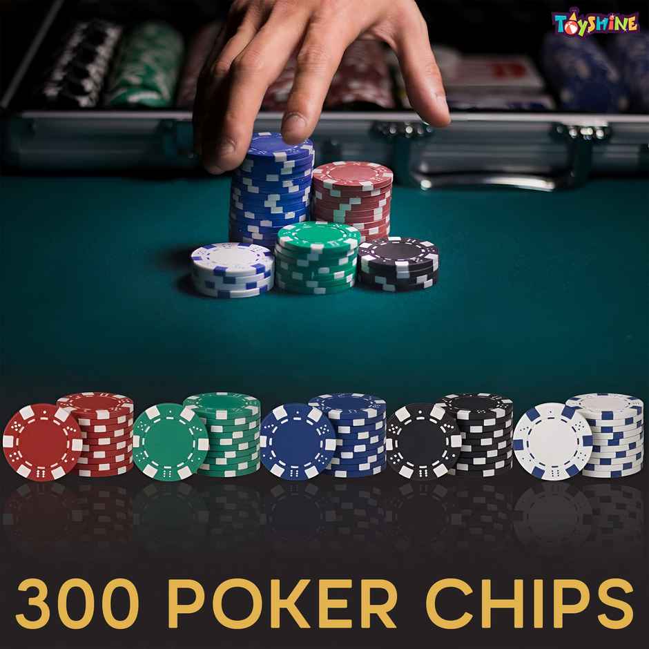 Toyshine Casino Style Poker Chips Set with Aluminum Finish Case, 2 Decks of Cards, 5 Dice, 1 Dealer Button - 300 Chip set