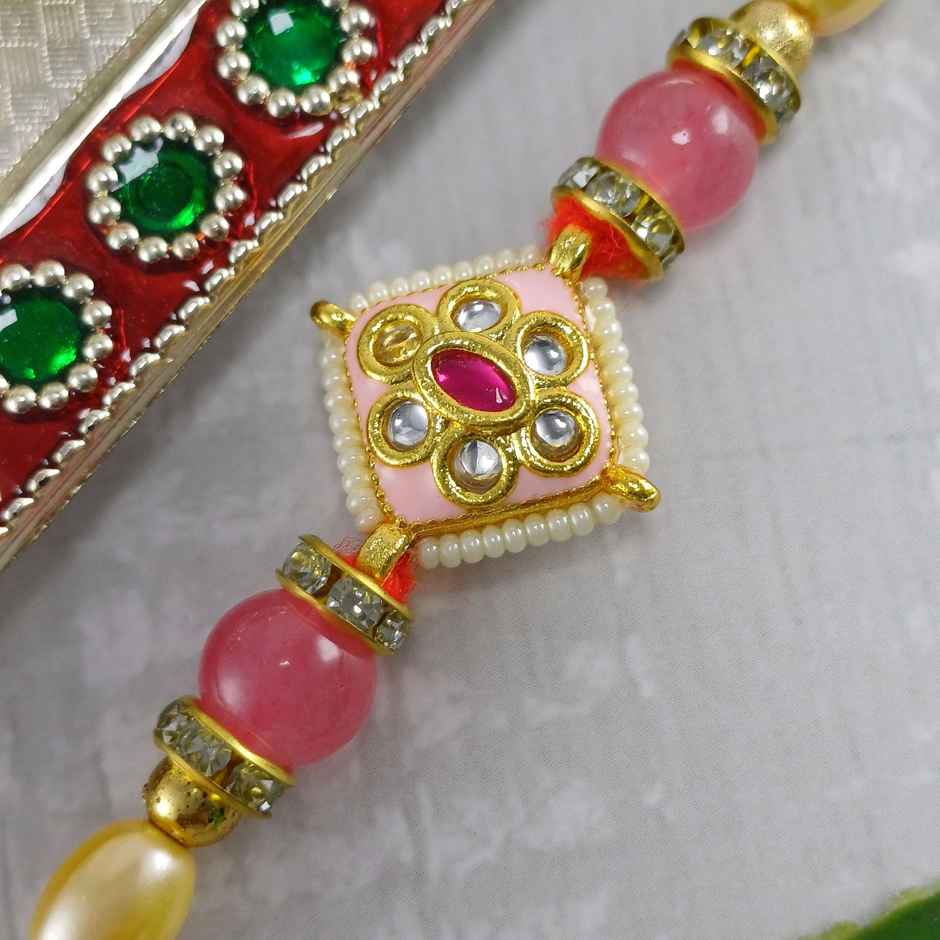 Gullak Beaded Kundan Pink Minakari Rakhi - Colorful and Artistic