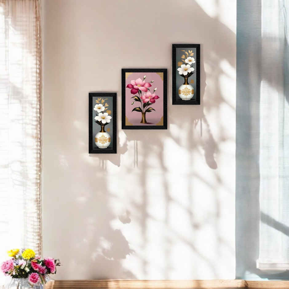 Saf Beautiful Flower Premium For Wall Decoration 14 Inch X 24 Inch Painting (With Frame, Pack Of 3)