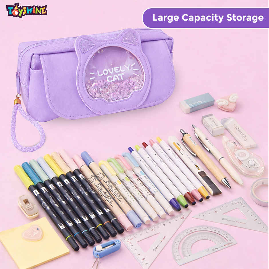 Toyshine Lovely Cat Pencil Pouch with Zipper Wrist Strap Glitter | Purple