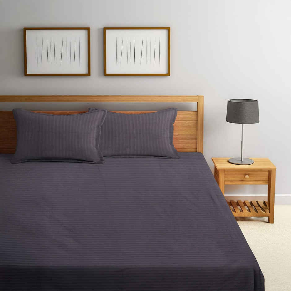Hosta Homes Grey Striped 300 Tc Satin Cotton King Size Bed Sheet With 2 Pillow Covers