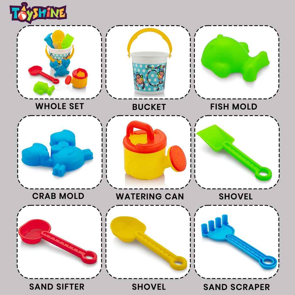 Toyshine 8 Pc Beach Basic Sand Toy Set for Toddlers | 18+ Months - Bucket & Sifter | Small