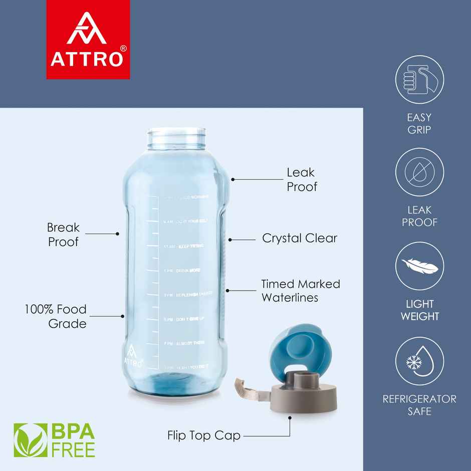 Attro Ultra Pro Motivational 2 L Water Bottle | BPA-Free | Leak-Proof | Nylon Strap - Blue