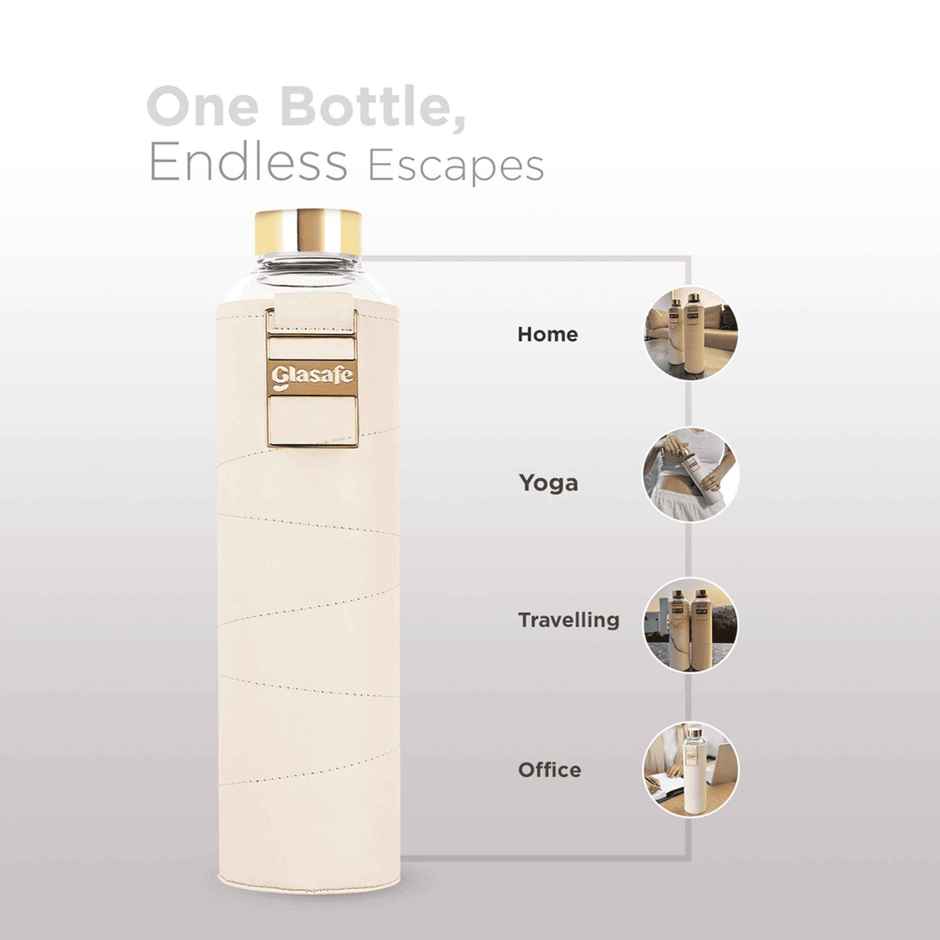Glasafe Vego Sip Borosilicate Glass Bottle With Protective Vegan Sleeve | Bare Beige 750 ml