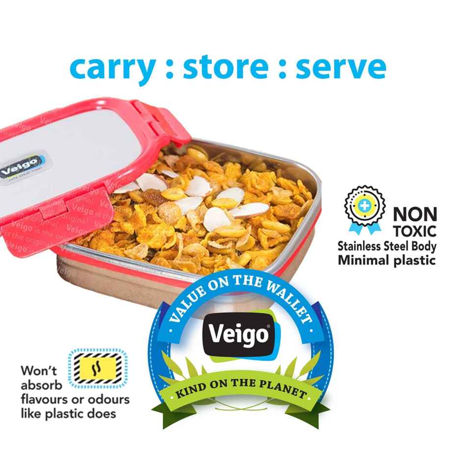 Veigo Large W/Veg Box Stainless Steel Leak Proof Tiffin Box (630+180 ml) For School,Office - Red