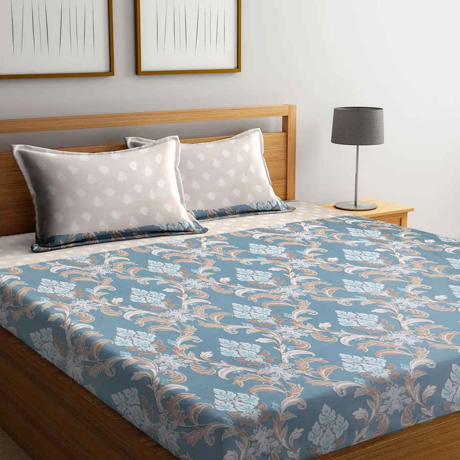 Arrabi Beige Graphic Bedsheet With 2 Pillow Covers