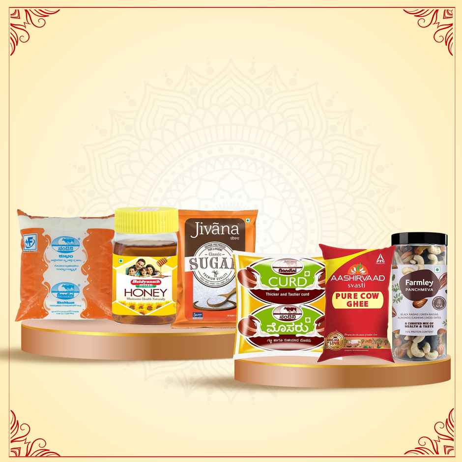 Nandini Thick Curd Pouch (500ml) & Nandini Standardised Fresh Milk (Pouch Orange) (500ml) & Baidyanath Honey | Zero Added Sugar (50g) & Jivana Classic Sugar (1kg) & Aashirvaad Pure Cow Ghee, Pouch, Rich Aroma (1l) & Farmley Mix Dry Fruits Panchmeva- Almonds, Cashews, Dates, Black Raisins, Green Raisins (405g) Panchamrit Combo 