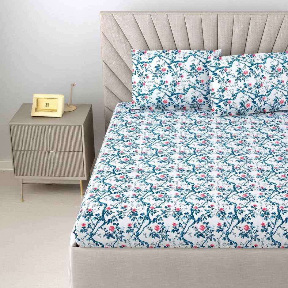 Bombay Dyeing Florentine 144 TC 100% Cotton Blue Super King Size Bedsheet with 2 Pillow Covers