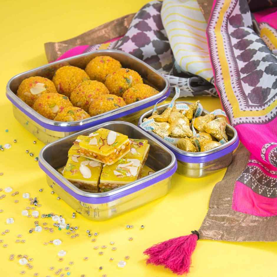 Veigo Celebration Set With Ready To Gift Package - Leak Proof Steel Tiffins (630+330+180 ml) Violet