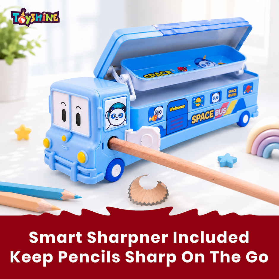 Toyshine Cartoon Printed School Bus Metal Pencil Box With Moving Tyres And Sharpener For Kids - Blue